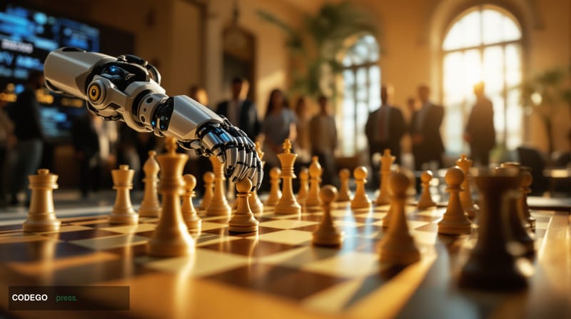 A cinematic editorial photograph capturing the modernization of chess through artificial intelligence, shot at the Menorca Co