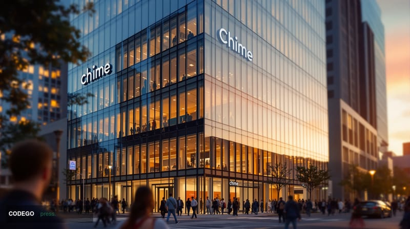 A photorealistic editorial photograph showcasing Chime's San Francisco headquarters building exterior with its modern glass f