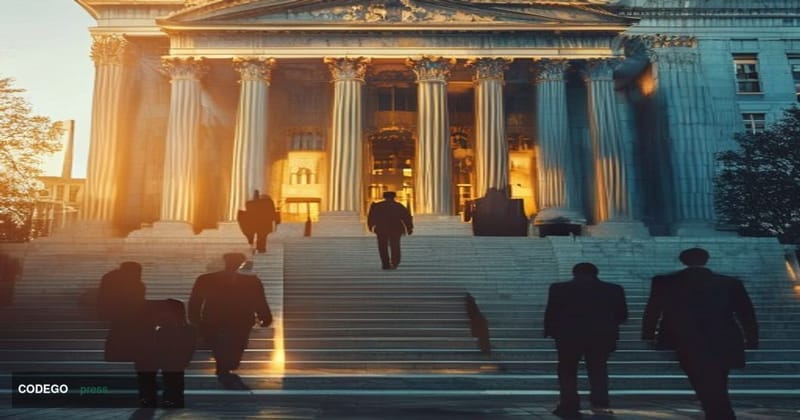 A cinematic editorial photograph showing the imposing neoclassical facade of a Federal Reserve building or banking regulatory