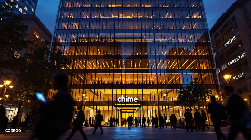 A dramatic photorealistic editorial photograph of Chime's San Francisco headquarters building at dusk, shot from a low angle 