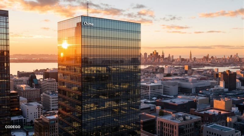 A photorealistic aerial view of Chime's San Francisco headquarters building during golden hour, with the distinctive modern g