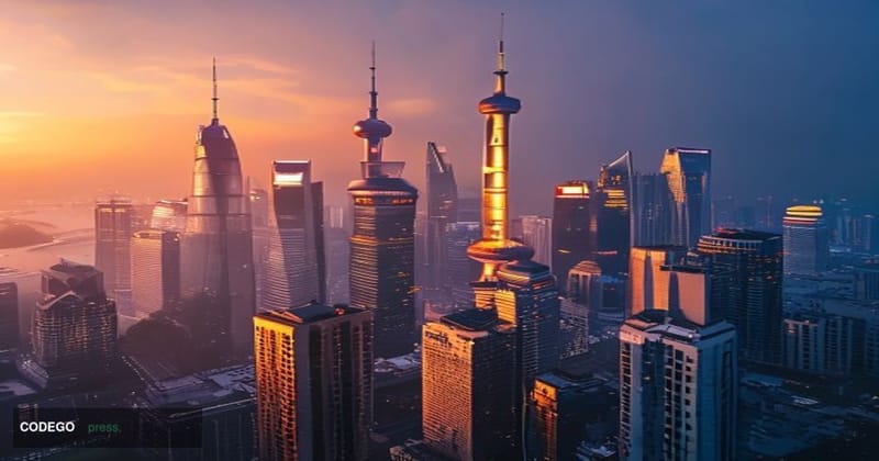 A cinematic editorial photograph capturing China's economic duality through the Shanghai financial district skyline at dusk, 