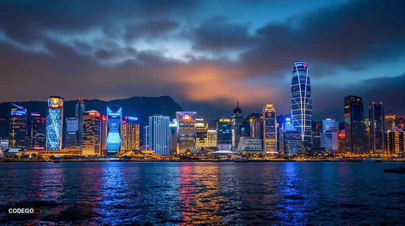A dramatic photorealistic editorial photograph showing Hong Kong's iconic skyline at dusk with the city's towering financial 