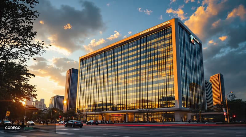 A dramatic photorealistic editorial photograph of the People's Bank of China headquarters building in Beijing, captured durin