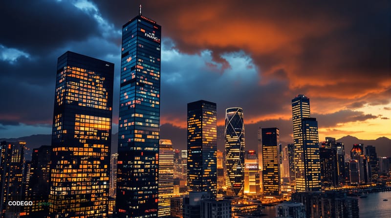 A dramatic photorealistic editorial photograph showing the Hong Kong financial district skyline at dusk, with towering glass 