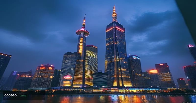 A photorealistic editorial photograph capturing China's economic situation through the iconic Shanghai financial district sky