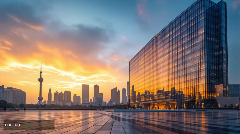 A cinematic editorial photograph capturing the imposing headquarters of the People's Bank of China in Beijing, shot during th