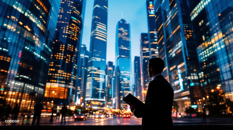 A photorealistic editorial photograph capturing a modern Chinese tech hub with sleek glass towers and <a href="https://www.hu