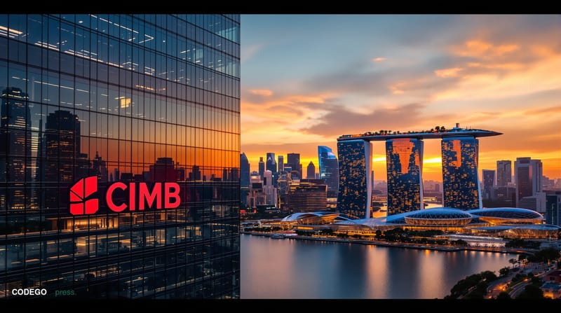 A photorealistic editorial photograph showcasing Singapore's central business district skyline at golden hour, with CIMB's di