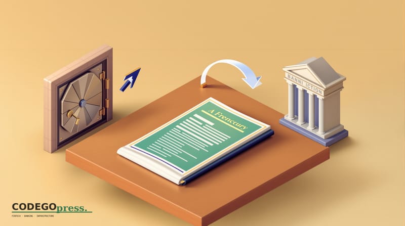 Flat 3D isometric vector editorial illustration. Center: a French regulatory document (labeled form, no real letterforms) in 