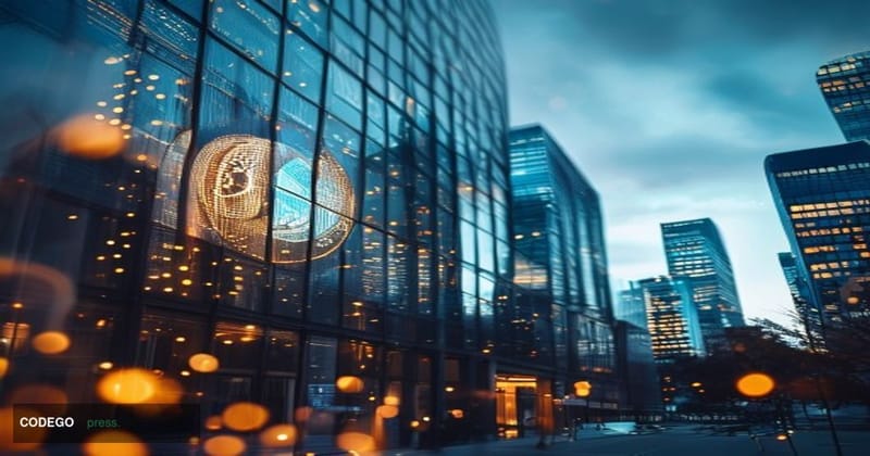 A dramatic cinematic photograph showing Circle's headquarters building in Boston with its distinctive glass facade prominentl