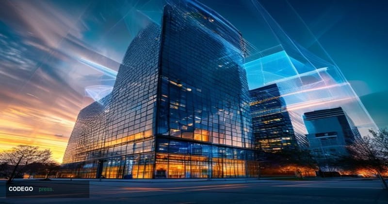 A photorealistic editorial photograph showing Circle's Boston headquarters building exterior during golden hour, with dramati