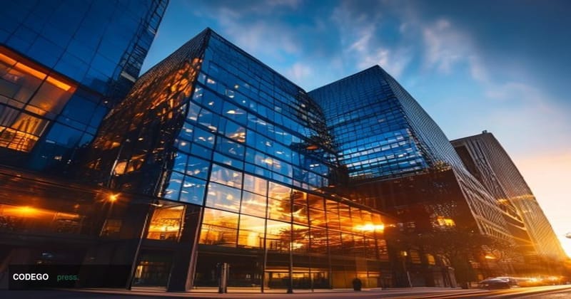 A cinematic editorial photograph of Circle's headquarters in Boston's Financial District at golden hour, with the modern glas