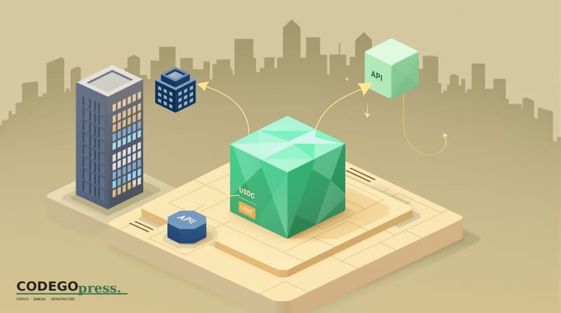 Flat 3D isometric vector illustration showing a minimal banking ecosystem. Primary scene: a central USDC stablecoin block (cu