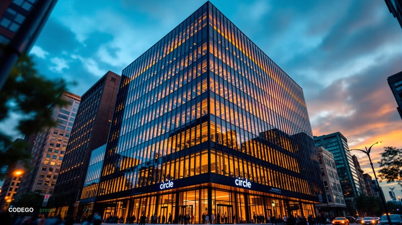 A dramatic editorial photograph of Circle's modern headquarters building in Boston's Financial District, shot from a low angl