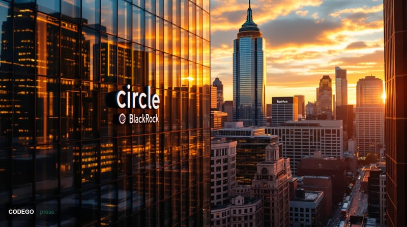 A photorealistic editorial photograph showcasing Circle's Boston headquarters with BlackRock's distinctive corporate tower vi