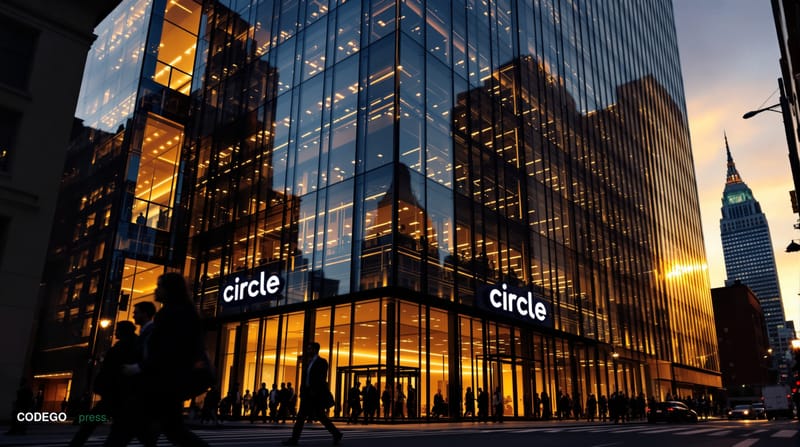 A cinematic editorial photograph of Circle's headquarters in Boston's Financial District, captured from a low angle to emphas