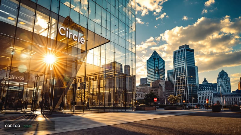 A cinematic editorial photograph showcasing Circle's corporate headquarters in Boston's financial district, with the gleaming