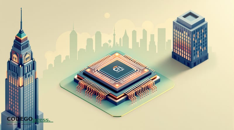 Gleaming AI-core processor chip rendered in rose-gold and navy blue in centre, Citigroup Art Deco Manhattan tower silhouette 
