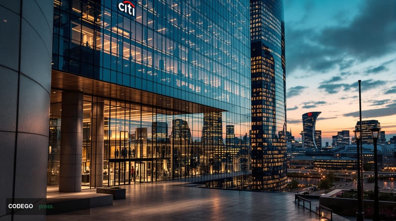 A cinematic wide-angle photograph of Citi's towering glass headquarters in London's Canary Wharf district, shot from street l