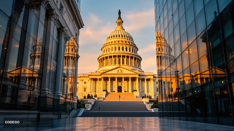 A photorealistic editorial photograph capturing the intersection of cryptocurrency regulation and legislative progress in Was