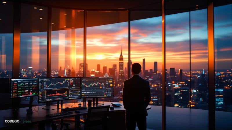 A dramatic photorealistic editorial photograph capturing the global cryptocurrency trading landscape and regulatory divide. T