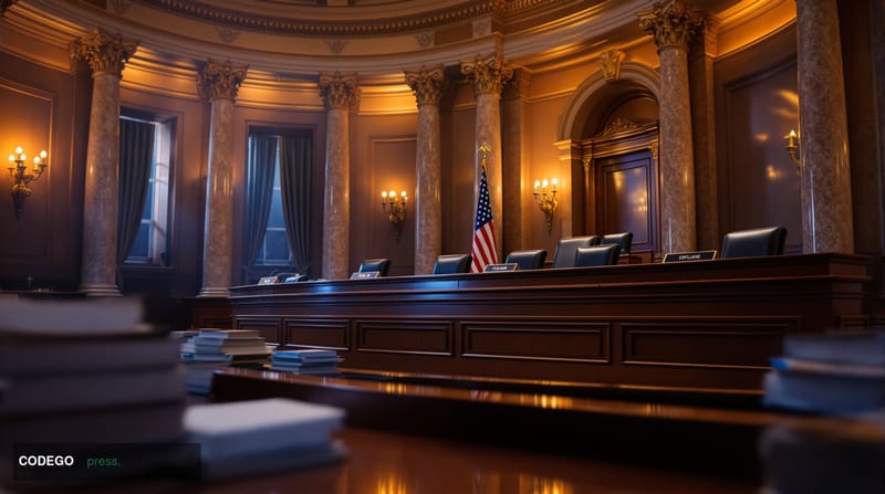 A photorealistic editorial photograph of the United States Senate Banking Committee hearing room during a markup session, cap