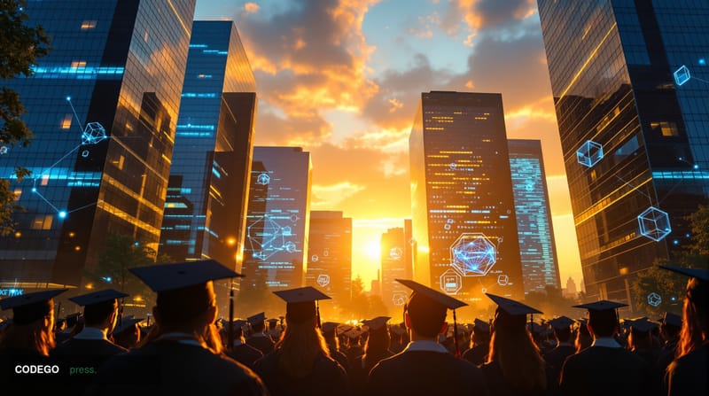 A dramatic editorial photograph capturing the intersection of education and technology, featuring a university campus graduat