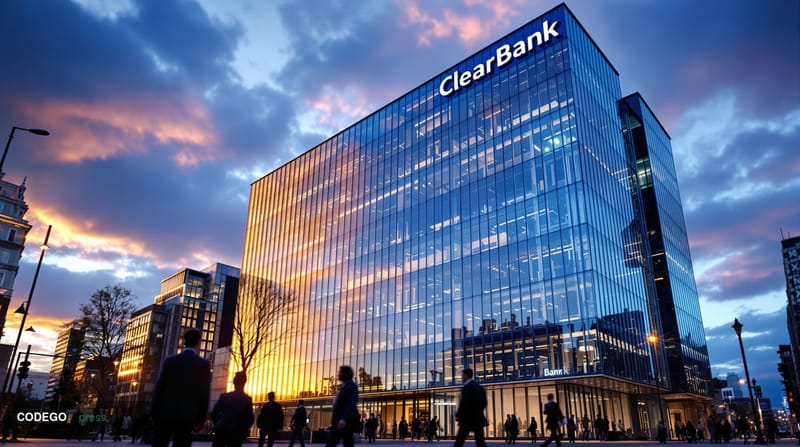 A photorealistic editorial photograph showing ClearBank Europe's modern corporate headquarters in Amsterdam or London, with d