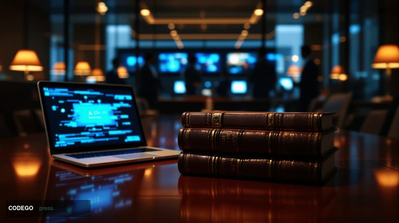 A photorealistic editorial photograph capturing the tension between traditional legal practice and AI adoption. The scene sho
