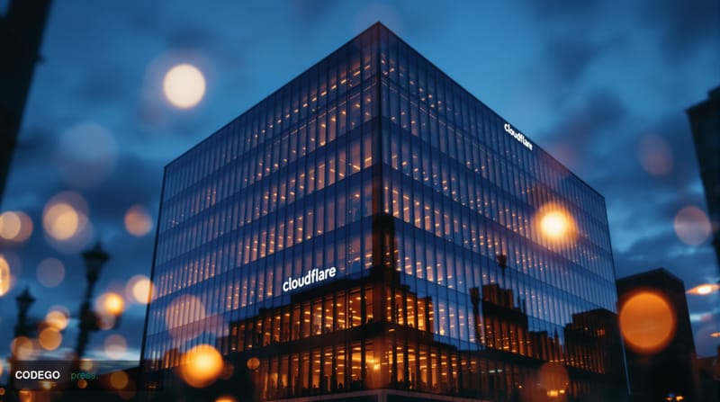 A cinematic editorial photograph of Cloudflare's San Francisco headquarters building at dusk, shot from a low angle to emphas