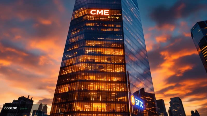 A photorealistic editorial photograph of the CME Group headquarters in Chicago's financial district at dusk, with the iconic 
