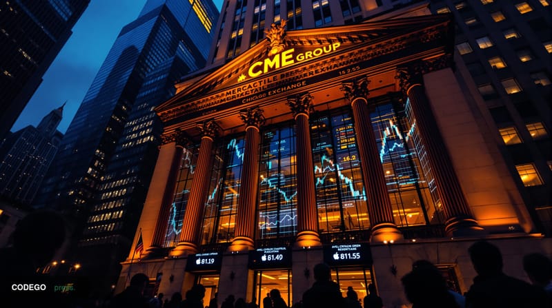 <A dramatic editorial photograph of the Chicago Mercantile Exchange (CME) headquarters building in Chicago's financial distri
