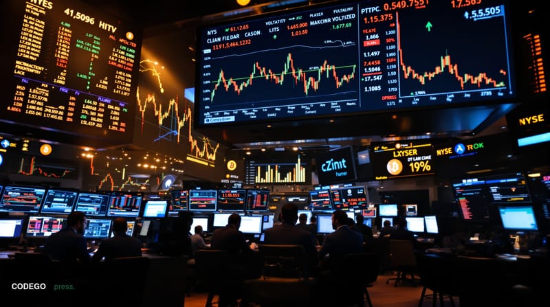 A cinematic editorial photograph of the Chicago Mercantile Exchange trading floor with its iconic electronic boards displayin