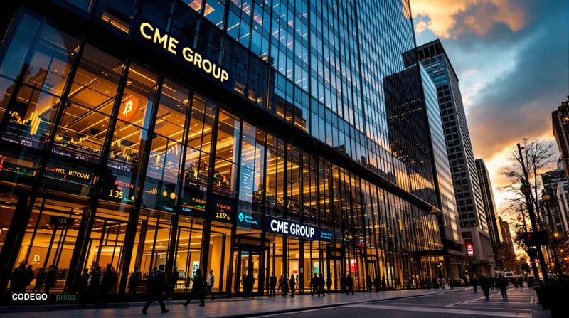 Photorealistic editorial photograph showing the iconic <a href="https://www.cmegroup.com" target="_blank" rel="noopener">CME 