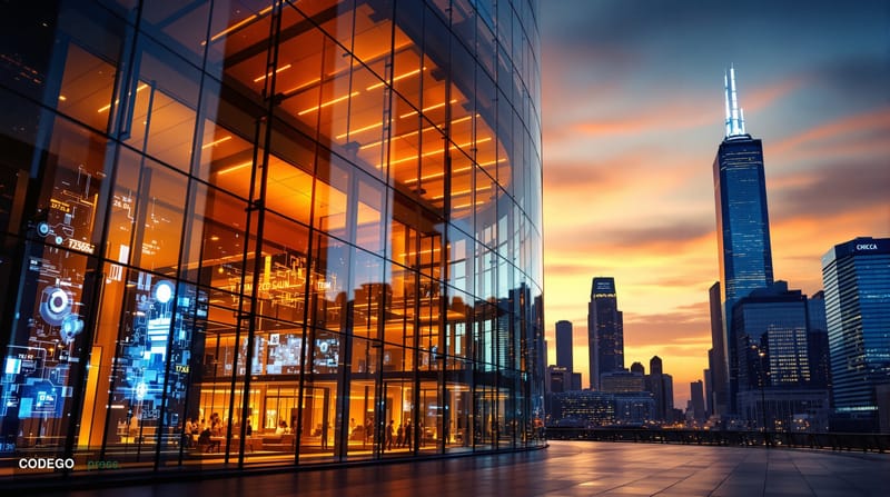 A cinematic editorial photograph of the Chicago Mercantile Exchange trading floor and the iconic CME Group headquarters build