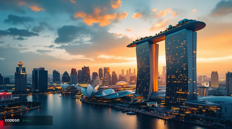 A cinematic editorial photograph showcasing Singapore's iconic Marina Bay Sands and financial district skyline at golden hour
