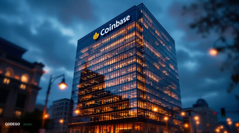 A striking editorial photograph of Coinbase's distinctive San Francisco headquarters building at 1 Montgomery Street, capture