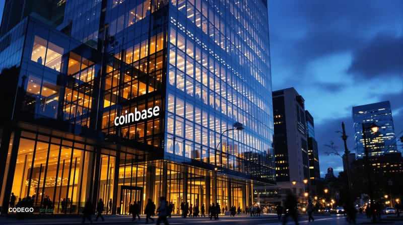 A cinematic editorial photograph of Coinbase's distinctive San Francisco headquarters building at dusk, shot from a low angle