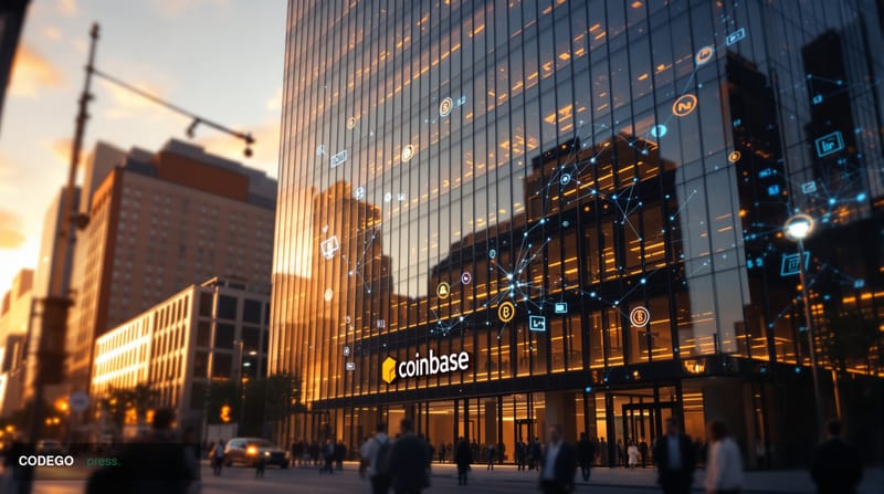 Photorealistic editorial photograph of Coinbase's distinctive San Francisco headquarters building at One Market Plaza, captur