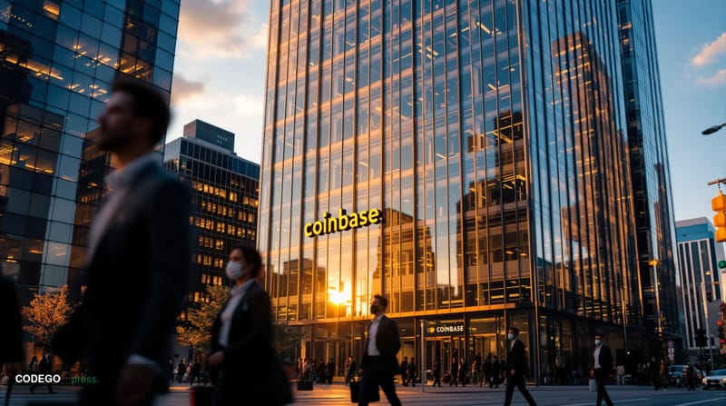 A cinematic editorial photograph capturing the exterior of Coinbase's distinctive San Francisco headquarters building in the 