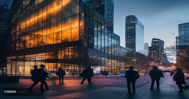 A cinematic editorial photograph showcasing Coinbase's San Francisco headquarters building in the SOMA district, with its dis