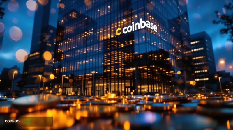 Cinematic editorial photograph of Coinbase's San Francisco headquarters at 1 Hacker Way, shot from a low angle during golden 