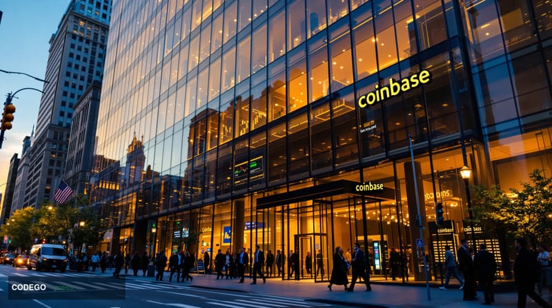 A cinematic editorial photograph showcasing Coinbase's San Francisco headquarters building at golden hour, with the distincti