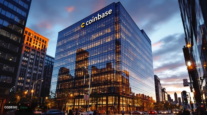 A dramatic photorealistic editorial photograph of Coinbase's distinctive San Francisco headquarters building at 100 Pine Stre