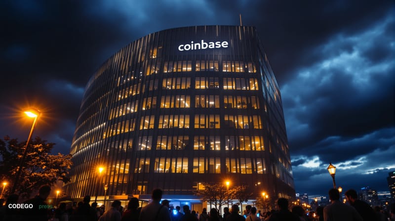 A dramatic photorealistic editorial photograph showing Coinbase's headquarters building in San Francisco with darkened window