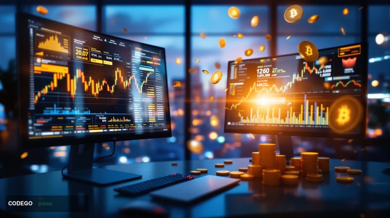 A photorealistic editorial photograph showcasing the convergence of traditional finance and blockchain technology. The scene 