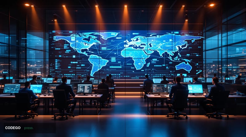 A photorealistic editorial photograph capturing the intersection of AI technology and global commerce infrastructure. The sce