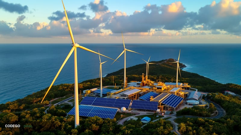 Aerial cinematic view of a modern renewable energy facility overlooking the Caribbean coastline at golden hour, with wind tur