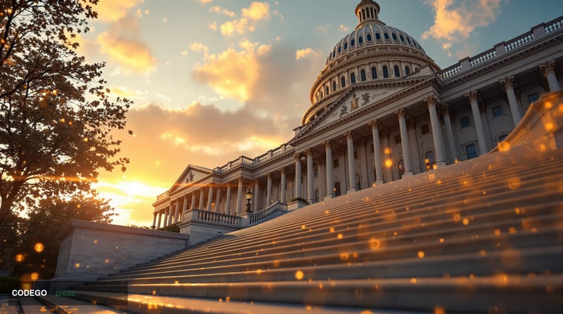 Photorealistic 8K editorial photograph of the U.S. Capitol building's distinctive dome and neoclassical columns, shot during 